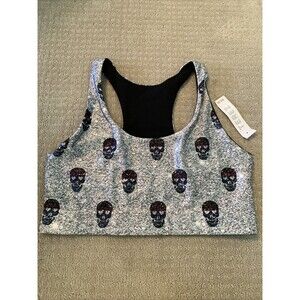 NWT Terez Grey Multi Skull Print Scoop Neck Racerback Sport Bra Size Large